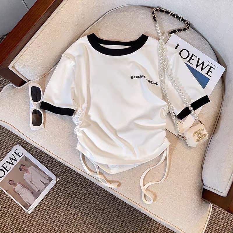 Áo Thun co dãn Rút Hông Hai họa tiết Chất Co Giãn Năng Động😍Áo Croptop Rút Sườn Ôm Body hót