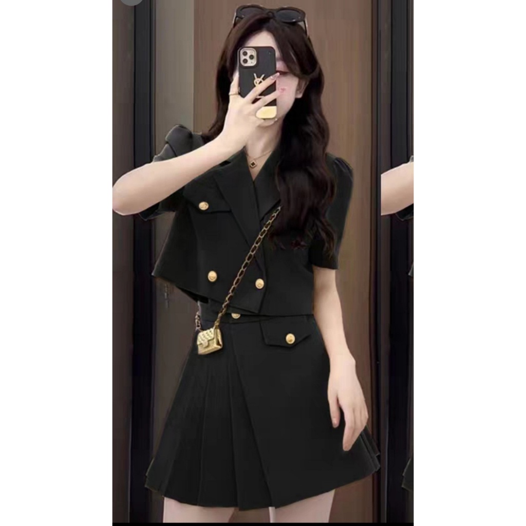 Set áo vest blazer mix chân váy dập li quảng châu xịn
