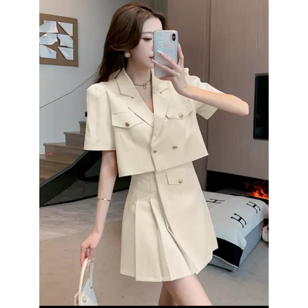 Set áo vest blazer mix chân váy dập li quảng châu xịn