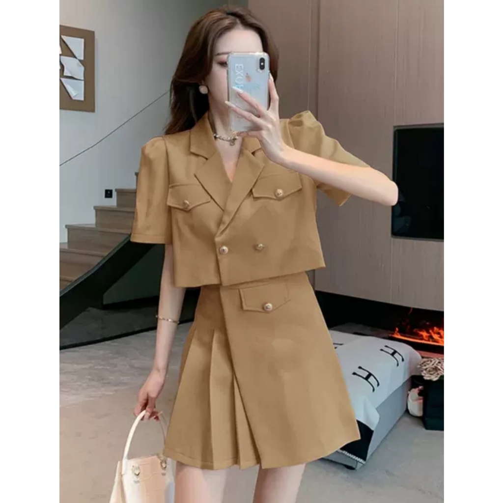 Set áo vest blazer mix chân váy dập li quảng châu xịn