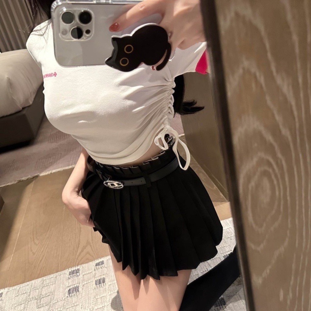 Áo Thun co dãn Rút Hông Hai họa tiết Chất Co Giãn Năng Động😍Áo Croptop Rút Sườn Ôm Body hót