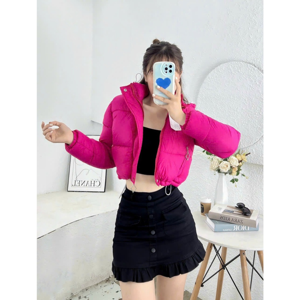 Khoác Phao Béo Rút Dây Dáng Ngắn QC Chất Liệu Nhung Lì Siêu Đẹp, áo phao crotop nhiều màu