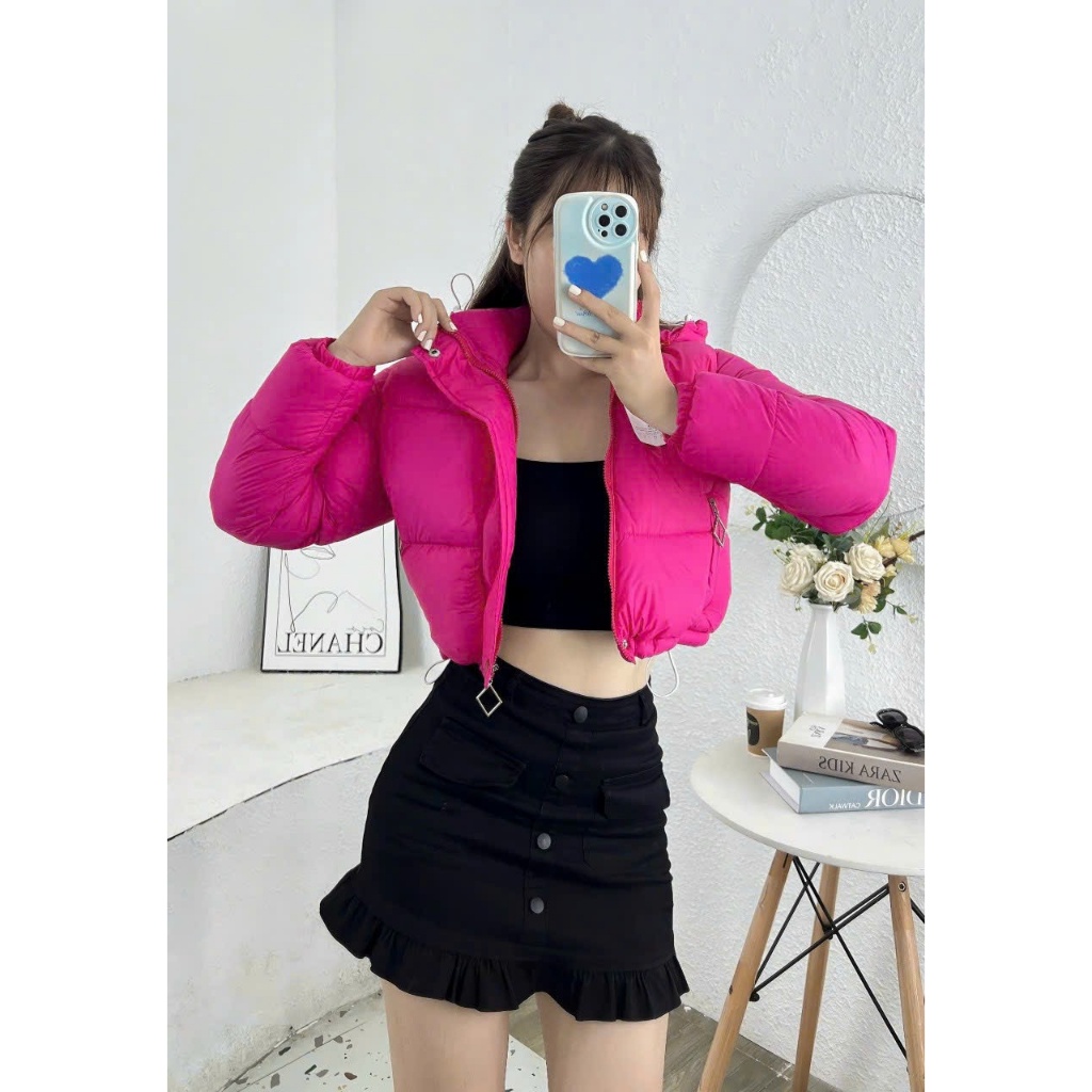 Khoác Phao Béo Rút Dây Dáng Ngắn QC Chất Liệu Nhung Lì Siêu Đẹp, áo phao crotop nhiều màu