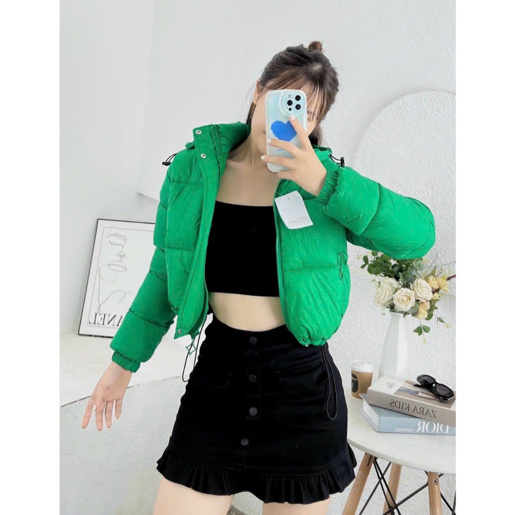 Khoác Phao Béo Rút Dây Dáng Ngắn QC Chất Liệu Nhung Lì Siêu Đẹp, áo phao crotop nhiều màu