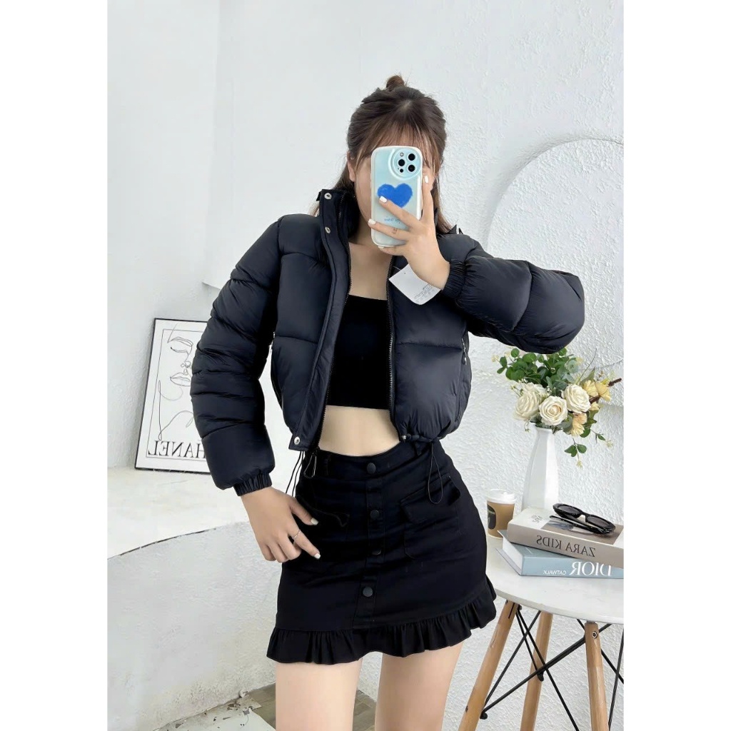 Khoác Phao Béo Rút Dây Dáng Ngắn QC Chất Liệu Nhung Lì Siêu Đẹp, áo phao crotop nhiều màu