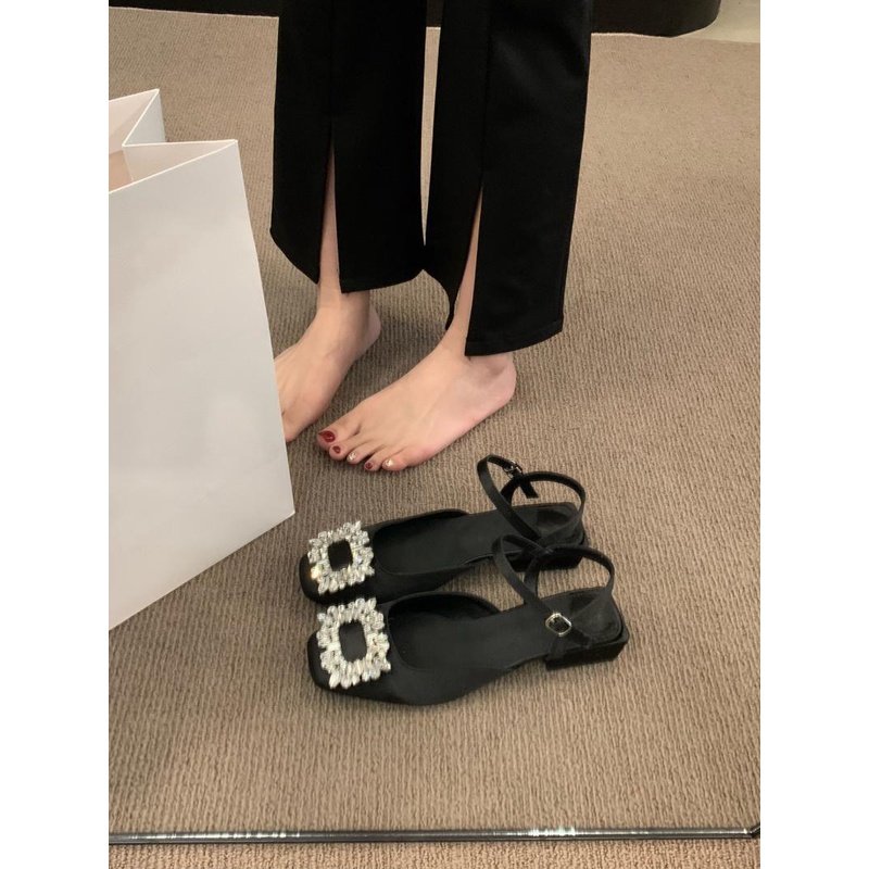 Giày Sandal Gót Dày Mũi Vuông Đính Đá Thời Trang Mùa Hè Pháp 2023