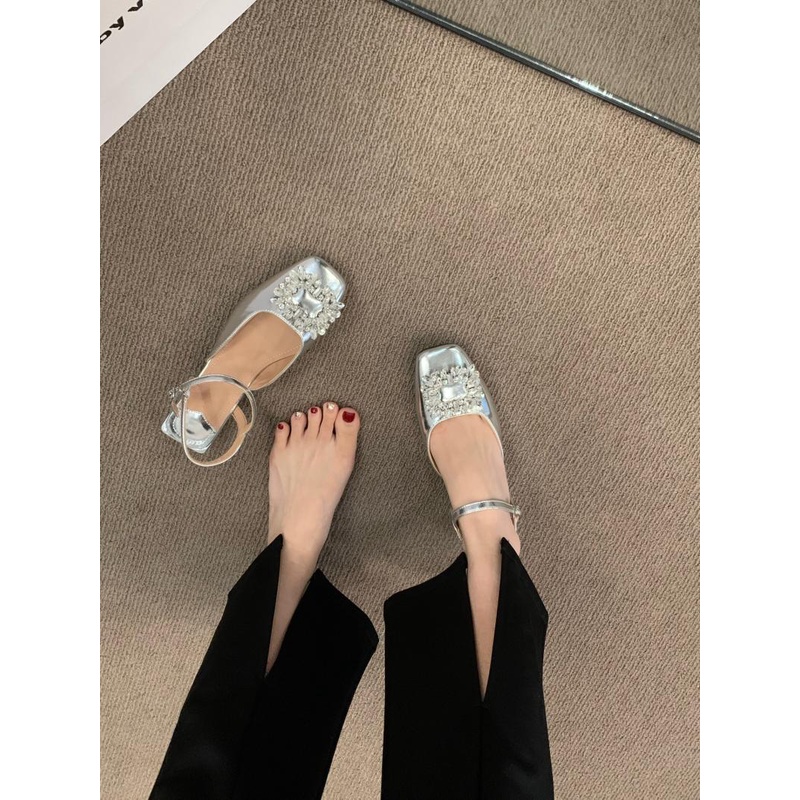 Giày Sandal Gót Dày Mũi Vuông Đính Đá Thời Trang Mùa Hè Pháp 2023