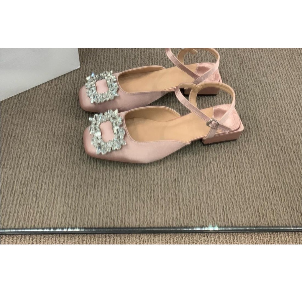 Giày Sandal Gót Dày Mũi Vuông Đính Đá Thời Trang Mùa Hè Pháp 2023