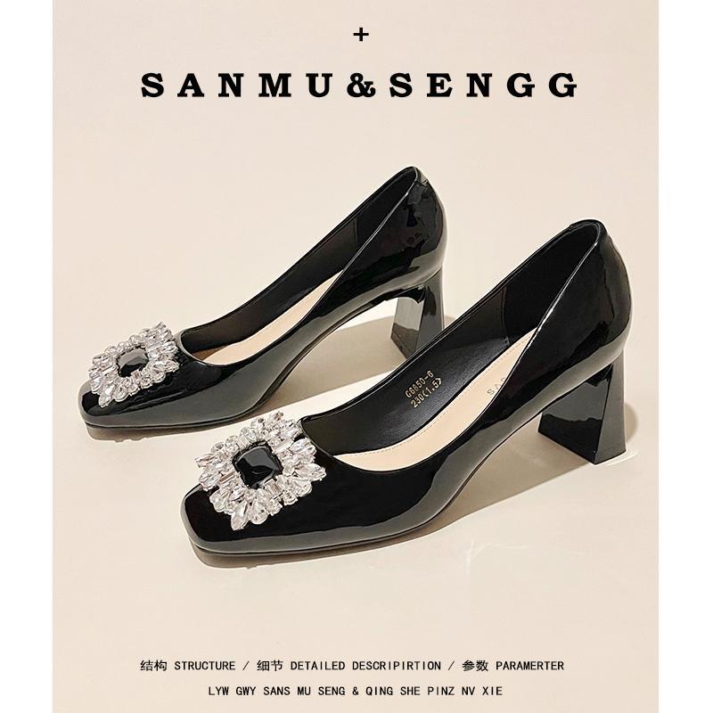 Unky Giày Cao Gót Da Bóng Mũi Vuông Đính Đá Phối Khóa Gài Thời Trang Mùa Thu 2023 Sang Trọng Cho Nữ