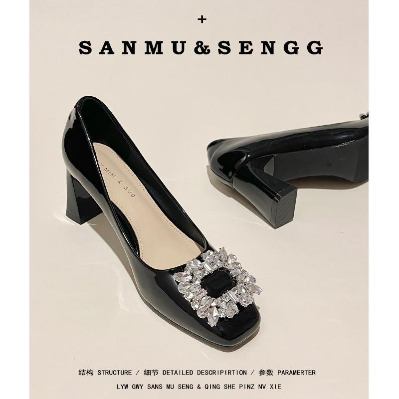 Unky Giày Cao Gót Da Bóng Mũi Vuông Đính Đá Phối Khóa Gài Thời Trang Mùa Thu 2023 Sang Trọng Cho Nữ