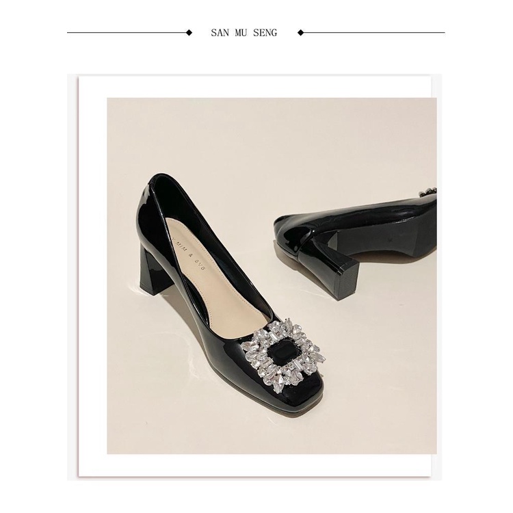 Unky Giày Cao Gót Da Bóng Mũi Vuông Đính Đá Phối Khóa Gài Thời Trang Mùa Thu 2023 Sang Trọng Cho Nữ