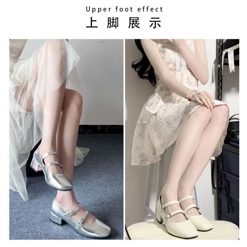 Qi lin Giày Búp Bê Gót Dày Vừa Mũi Vuông Thời Trang Xuân Thu 2023 Phong Cách Thanh Lịch Cho Nữ