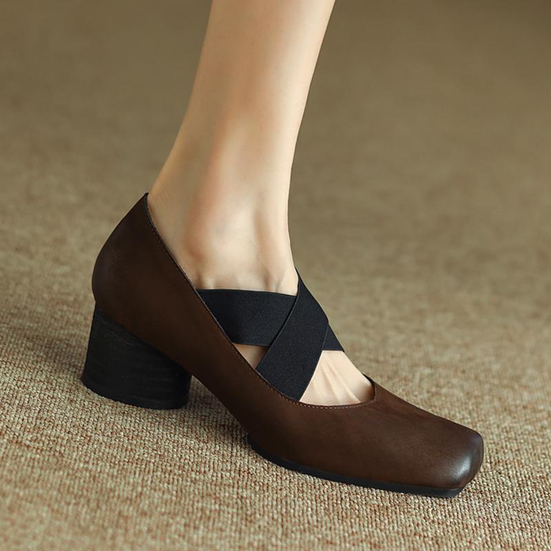 Giày Búp Bê Da Mũi Vuông Đế Dày Phong Cách retro Cho Nữ