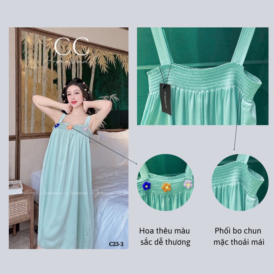 Đầm ngủ váy ngủ sexy C23 hàng hiệu CC HOMEWEAR lụa 2 dây hoa đan len dễ thương
