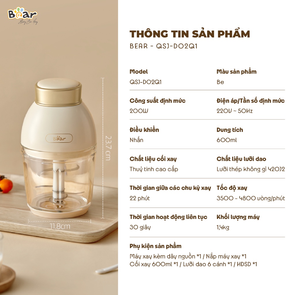 Combo Nồi nấu chậm BEAR 1,6L NNC16 và Máy xay ăn dặm 6 lưỡi D02Q1