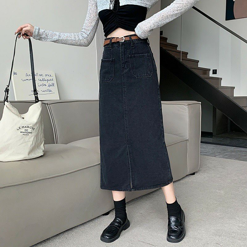 Chân Váy Jean Cạp Cao Dáng Dài Túi Hộp Xẻ Trước Trẻ Trung Năng Động R1