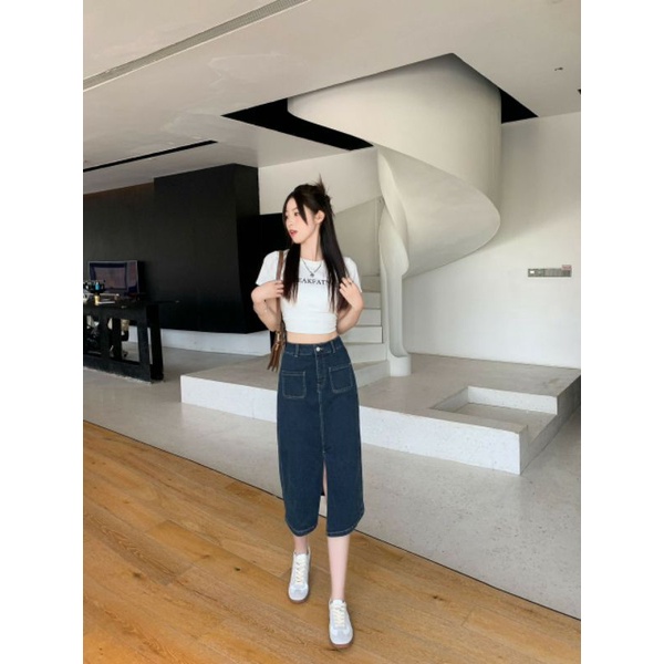 Chân Váy Jean Cạp Cao Dáng Dài Túi Hộp Xẻ Trước Trẻ Trung Năng Động R1