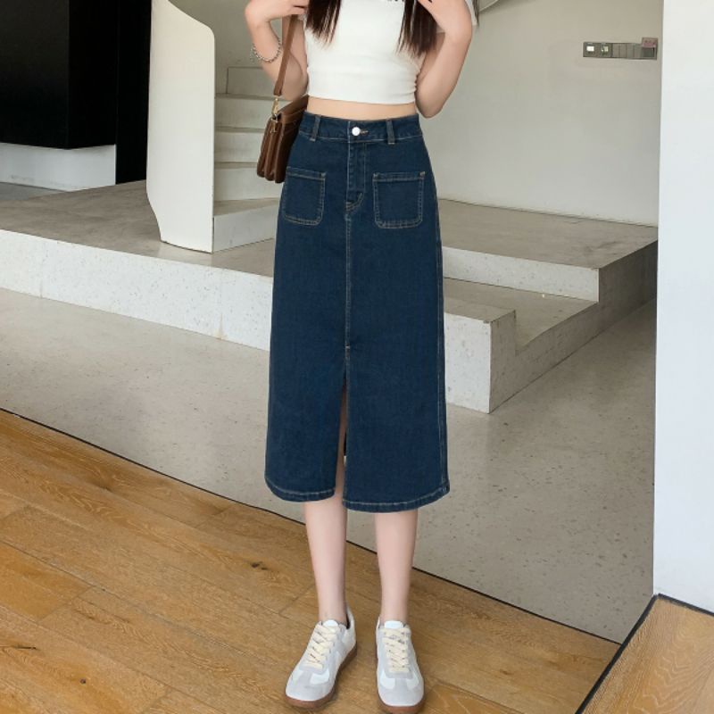 Chân Váy Jean Cạp Cao Dáng Dài Túi Hộp Xẻ Trước Trẻ Trung Năng Động R1