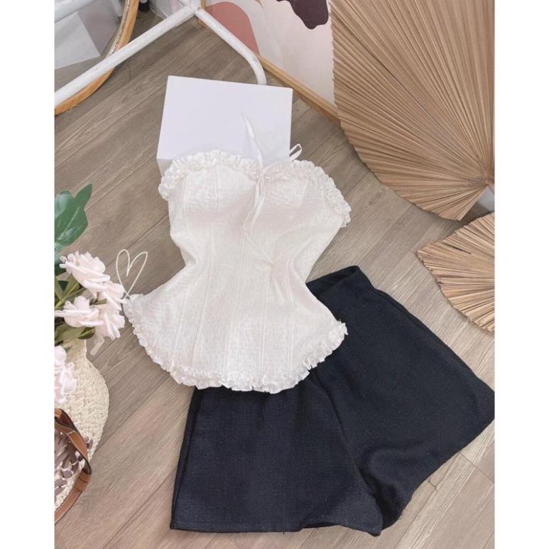 Áo ống cúp ngực, áo cúp ngực xốp vạt bầu, corset viền bèo có dây buộc chất vải xốp dày dặn chuẩn form