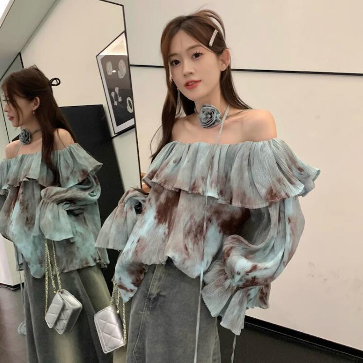 One Áo Sơ Mi Tay Dài Hở Vai Phối Bèo Họa Tiết Màu Nhuộm Thời Trang Mùa Thu 2023 Cho Nữ