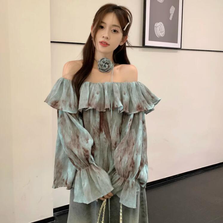 One Áo Sơ Mi Tay Dài Hở Vai Phối Bèo Họa Tiết Màu Nhuộm Thời Trang Mùa Thu 2023 Cho Nữ