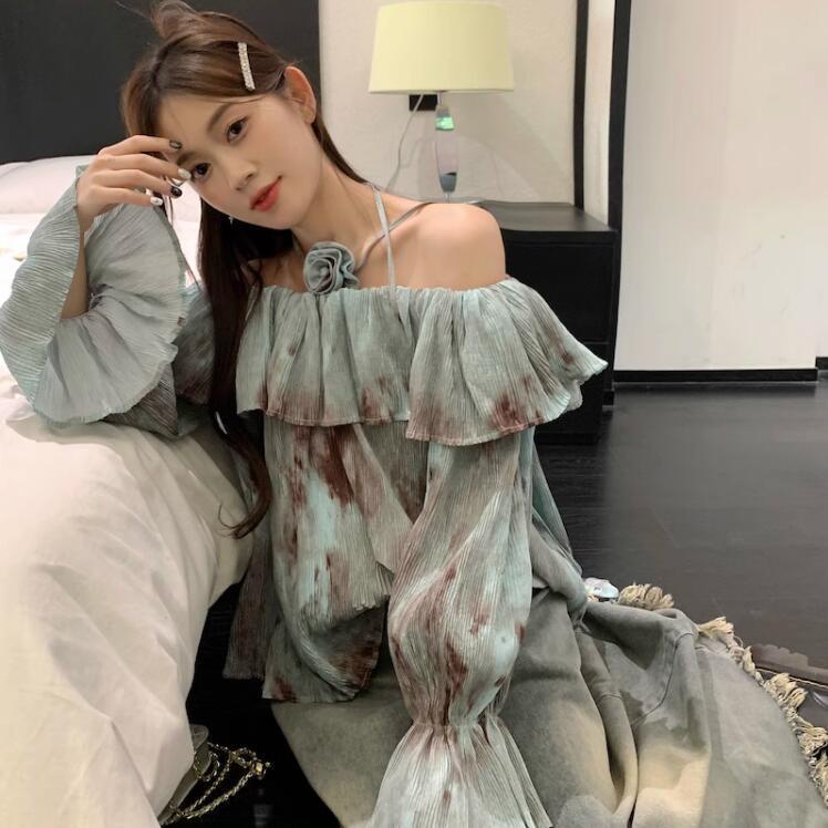 One Áo Sơ Mi Tay Dài Hở Vai Phối Bèo Họa Tiết Màu Nhuộm Thời Trang Mùa Thu 2023 Cho Nữ
