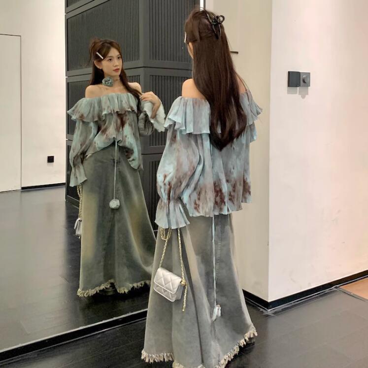 One Áo Sơ Mi Tay Dài Hở Vai Phối Bèo Họa Tiết Màu Nhuộm Thời Trang Mùa Thu 2023 Cho Nữ