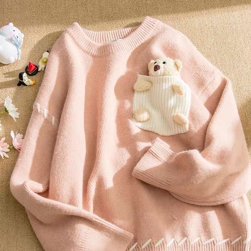 ✿мᴇι✿ Áo len túi gấu bông nhỏ áo đôi áo cặp Haul FALL23012