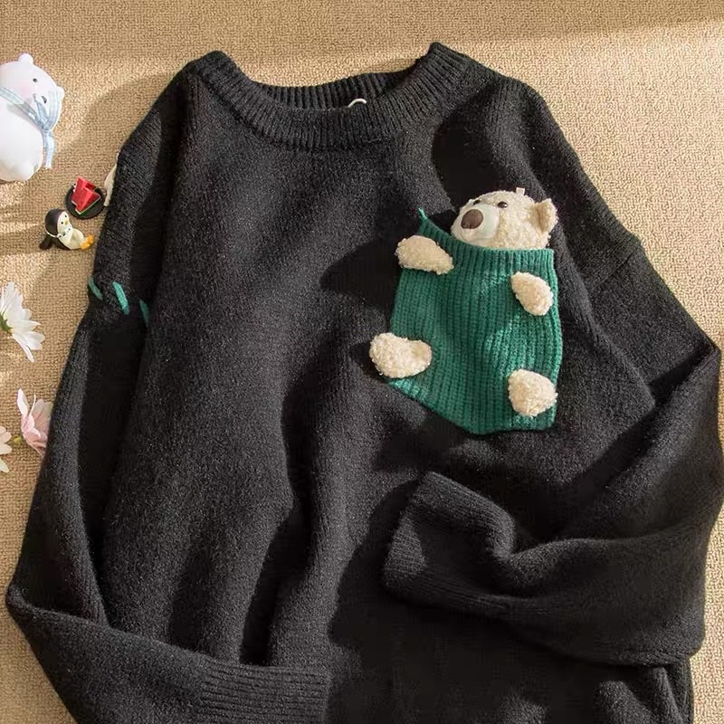 ✿мᴇι✿ Áo len túi gấu bông nhỏ áo đôi áo cặp Haul FALL23012