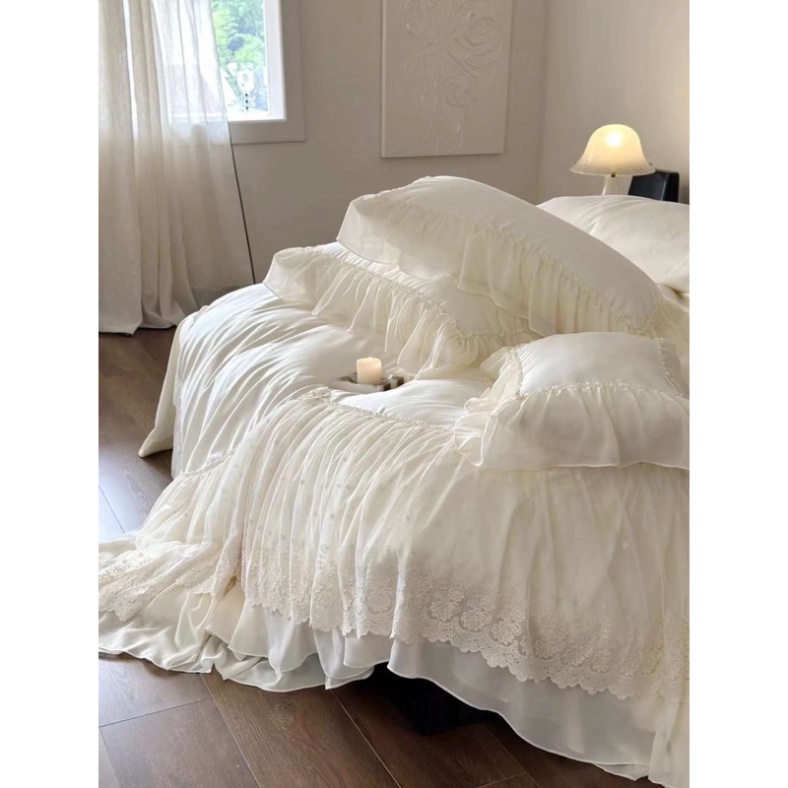 Bộ chăn ga gối Lụa thêu ren công chúa set 4 món ko .
