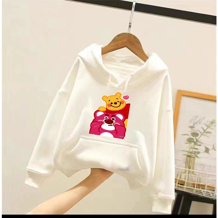 Áo hoodie gấu dâu gâu vàng cho bé gái phom rộng chất nỉ size từ 9 đến 65kg