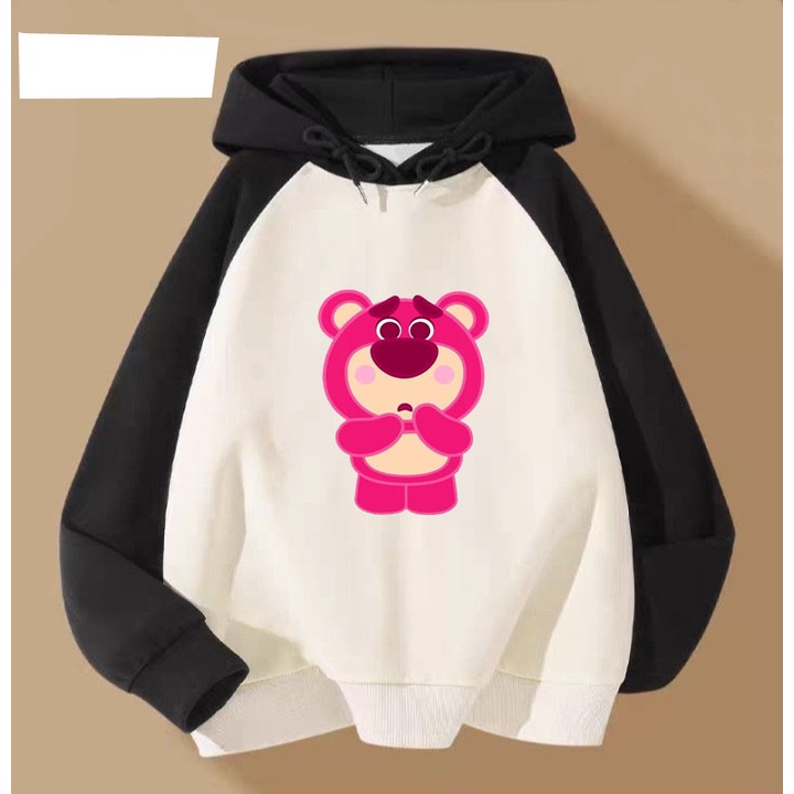 Áo hoodie gấu dâu hồng đang yêu cho bé gái phom rộng chất nỉ size từ 9 đến 65kg