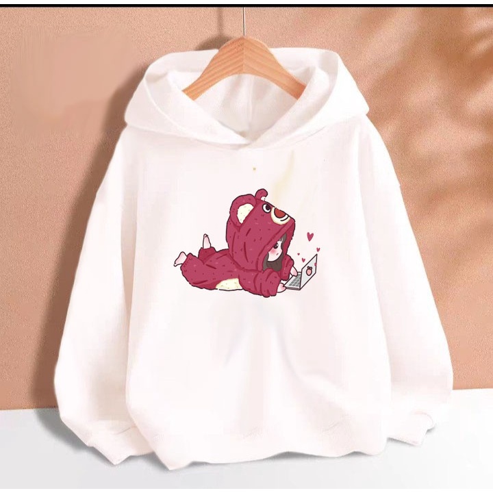 Áo hoodie bé gấu dâu cho bé gái phom rộng chất nỉ size từ 9 đến 65kg