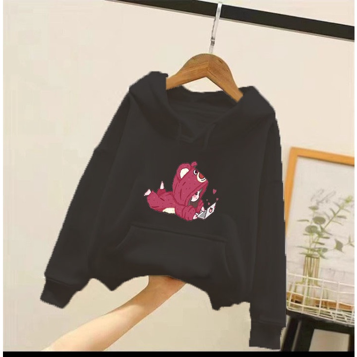 Áo hoodie bé gấu dâu cho bé gái phom rộng chất nỉ size từ 9 đến 65kg
