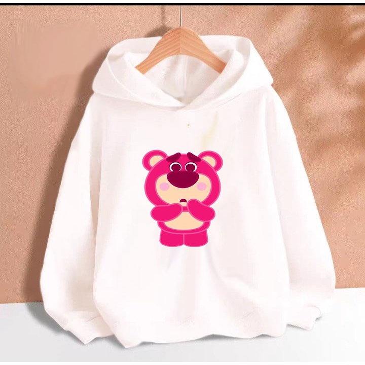 Áo hoodie gấu dâu hồng đang yêu cho bé gái phom rộng chất nỉ size từ 9 đến 65kg