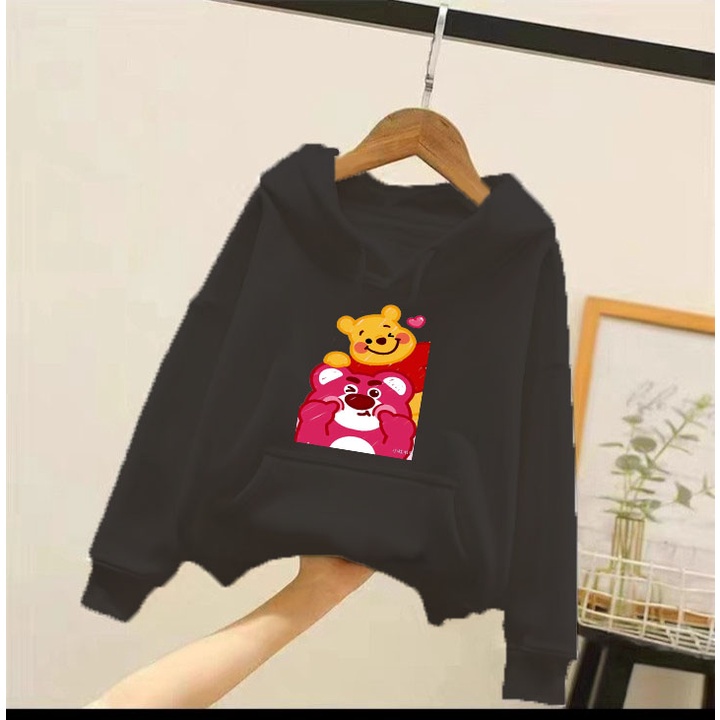 Áo hoodie gấu dâu gâu vàng cho bé gái phom rộng chất nỉ size từ 9 đến 65kg