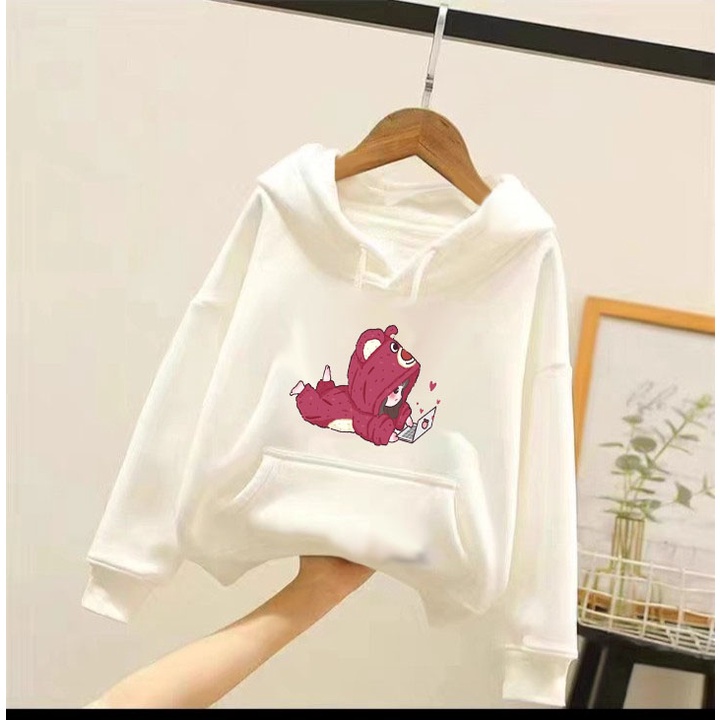 Áo hoodie bé gấu dâu cho bé gái phom rộng chất nỉ size từ 9 đến 65kg