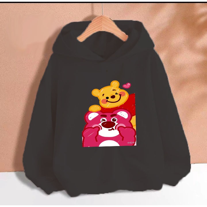 Áo hoodie gấu dâu gâu vàng cho bé gái phom rộng chất nỉ size từ 9 đến 65kg