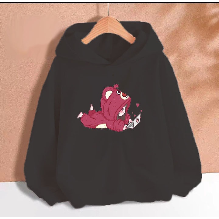 Áo hoodie bé gấu dâu cho bé gái phom rộng chất nỉ size từ 9 đến 65kg