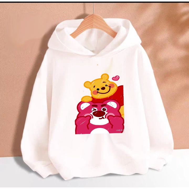 Áo hoodie gấu dâu gâu vàng cho bé gái phom rộng chất nỉ size từ 9 đến 65kg