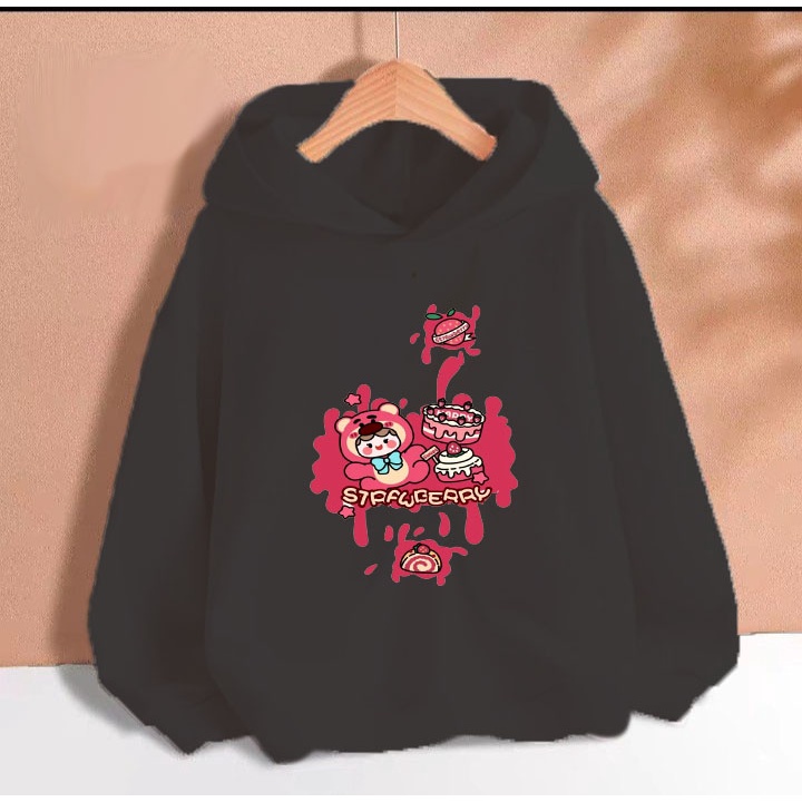 Áo hoodie gấu dâu tô màu cho bé gái phom rộng chất nỉ size từ 9 đến 65kg