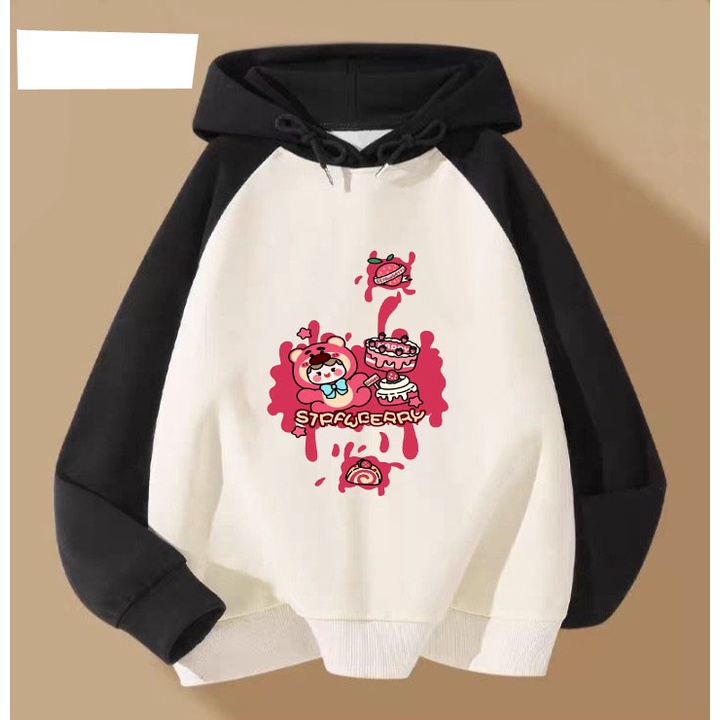 Áo hoodie gấu dâu tô màu cho bé gái phom rộng chất nỉ size từ 9 đến 65kg
