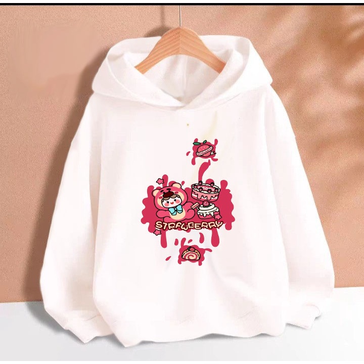 Áo hoodie gấu dâu tô màu cho bé gái phom rộng chất nỉ size từ 9 đến 65kg