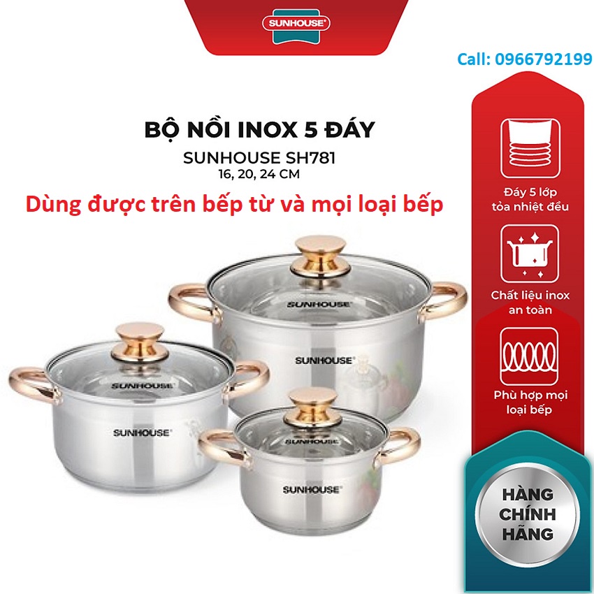 Bộ nồi inox 5 đáy SUNHOUSE SH781 ✅ Hàng Chính Hãng ✅ Đun được trên bếp điện từ