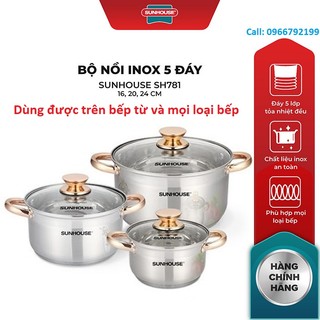 Bộ nồi inox 5 đáy SUNHOUSE SH781 ✅ Hàng Chính Hãng ✅ Đun được trên bếp điện từ