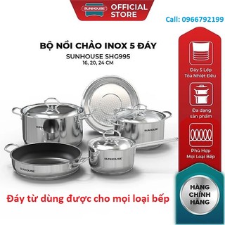 Bộ nồi chảo inox 5 đáy SUNHOUSE SHG995 ✅ Hàng Chính Hãng ✅ Đun được trên bếp điện từ