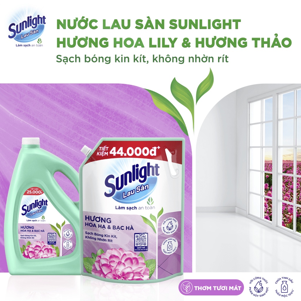 Nước lau sàn Sunlight Hoa Hạ & Bạc Hà Túi 3.6kg | Tinh dầu Thảo mộc 100% | Hương thơm tươi mát