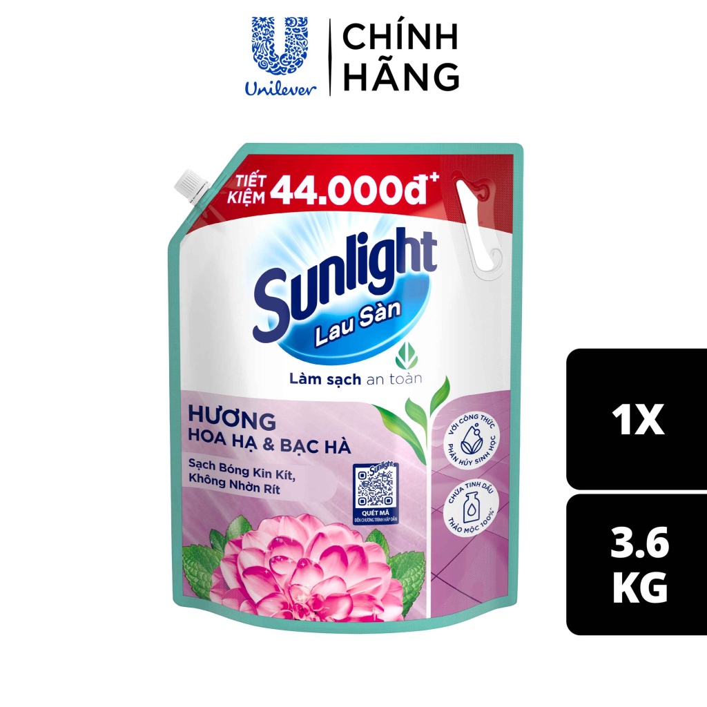 Nước lau sàn Sunlight Hoa Hạ & Bạc Hà Túi 3.6kg | Tinh dầu Thảo mộc 100% | Hương thơm tươi mát