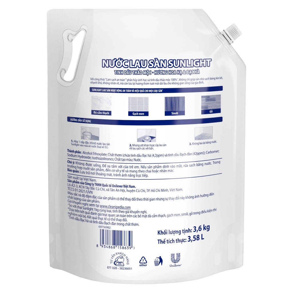 Nước lau sàn Sunlight Hoa Hạ & Bạc Hà Túi 3.6kg | Tinh dầu Thảo mộc 100% | Hương thơm tươi mát