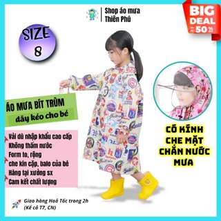 Áo mưa cho bé 4 - 7 tuổi, gái/trai, có kính chắn nước che mặt, hoạ tiết siêu nhân, doraemon, Thiên Phú Raincoat, SIZE 8